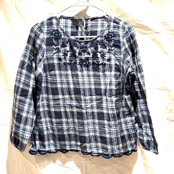 Talbots top plaid scalloped trim floral embroidered blue purple. SZ M P NWOT - Picture 2 of 13